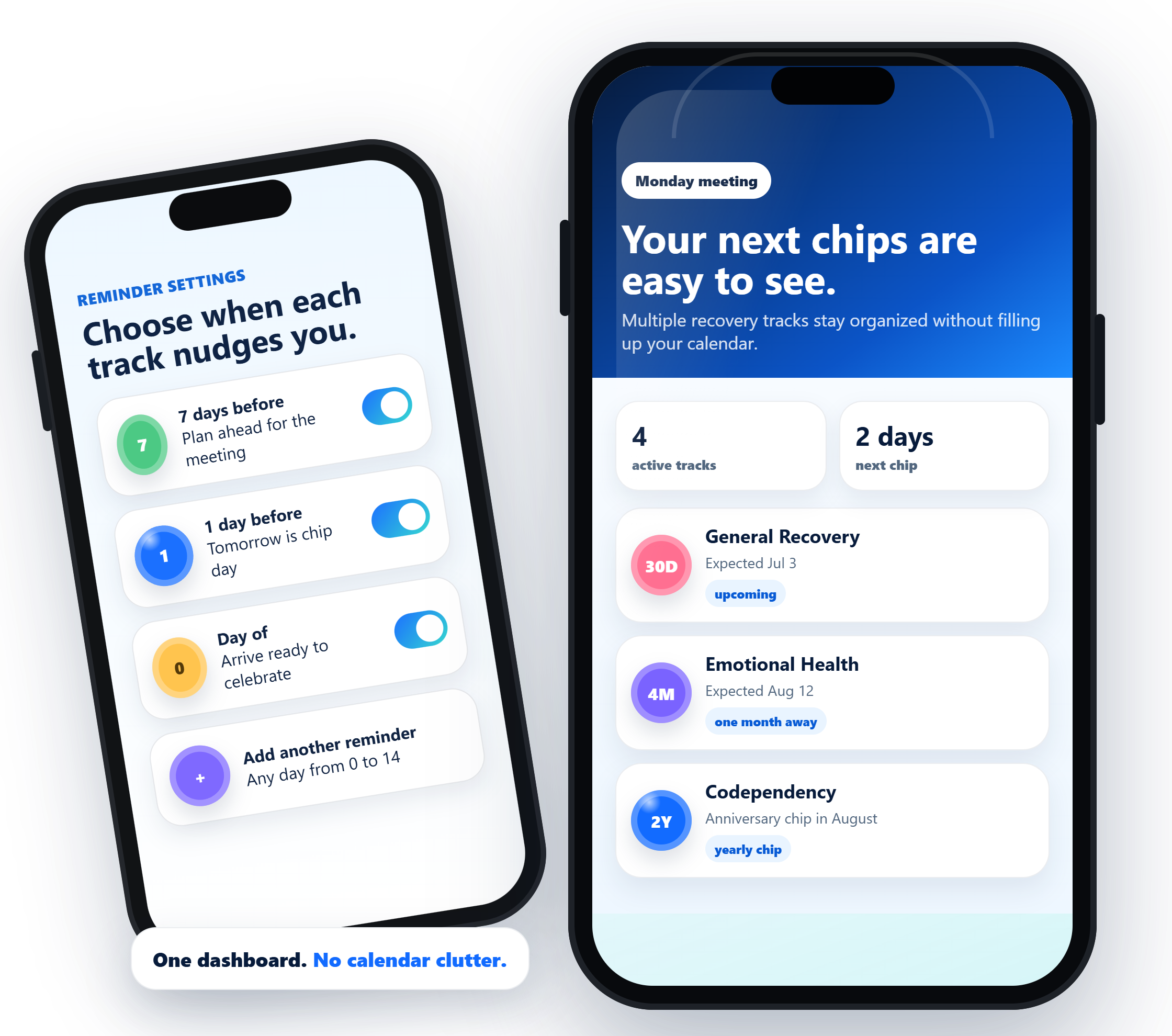 ChipReminder dashboard shown inside an iPhone mockup with a reminder settings screen behind it